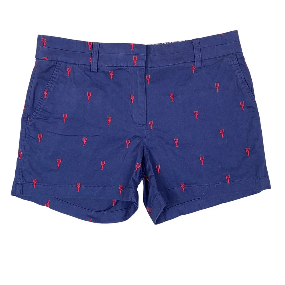 British Khaki Lobster Embroidered Chino Shorts Womens 8 Navy Blue Red Preppy